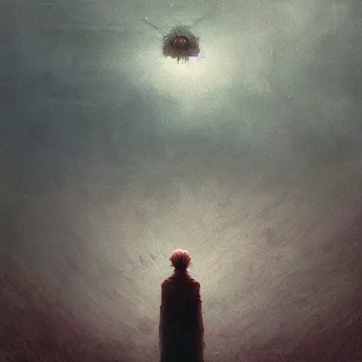 Prompt: a trapped giant talking to miniscule human, by greg rutkowski + beksinski, atmospheric, cinematic, dramatic colors, horror