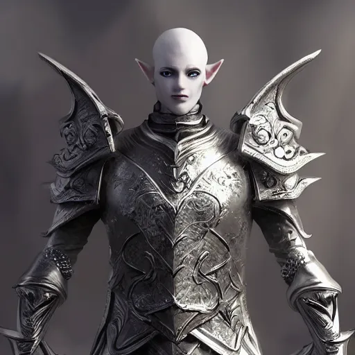 Image similar to handsome male snow elf in silver ornate armour, albino skin, elden ring, realistic, dnd character portrait, full body, dnd, rpg, lotr game design fanart by concept art, behance hd, artstation, deviantart, global illumination radiating a glowing aura global illumination ray tracing hdr render in unreal engine 5