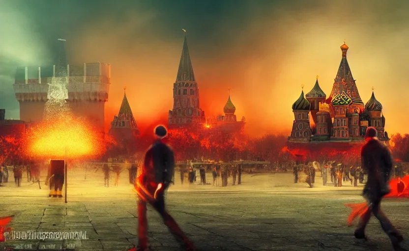 Image similar to nuclear explosion with realistic nuclear mushroom in Red Square Kremlin, cinematic shot, extremely high detail, photo realistic, cinematic lighting, post processed, artstation, matte painting, digital painting