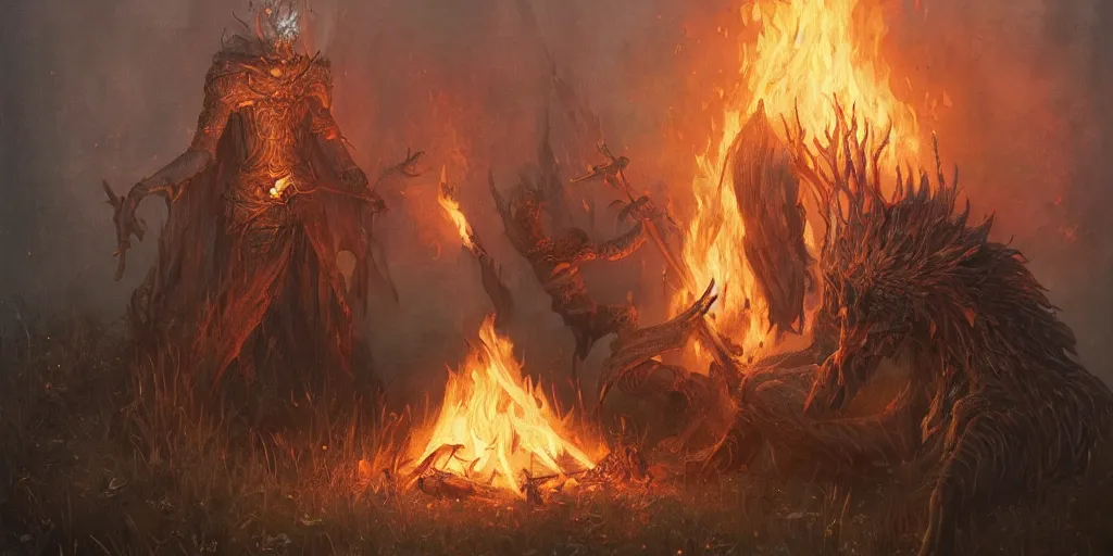 Image similar to a bonfire in the style of dark souls by brian froud, rossdraws, tom bagshaw and jeremy lipkin