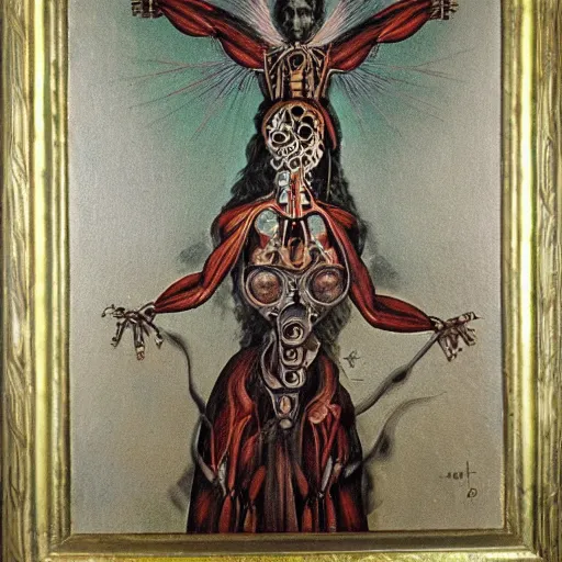 Prompt: painting of a biomechanical martyr oil stigmata