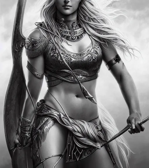 Image similar to medium shot of beautiful aphrodite goddess as an archer warrior, beautiful piercing eyes, flowing blonde hair, realistic face, black and white drawing, in the style of greg rutkowski, fantasy, amazing detail, epic, intricate, elegant, smooth, sharp focus