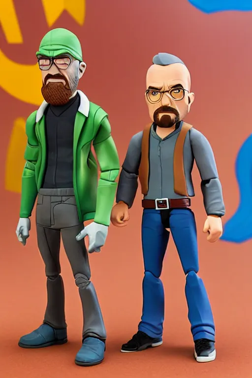 Image similar to walter white and jesse pinkman as disney infinity figures, no articulation, highly detailed, clean forms with sharp stylized clothing folds, product photo