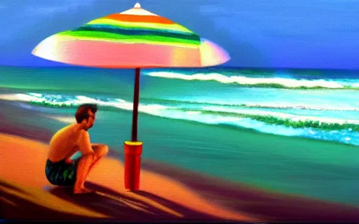 Image similar to Kirby at the beach, oil painting on canvas, 8k, highly detailed, soft lighting