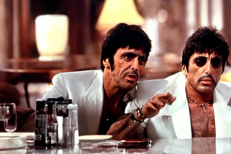 Prompt: tony montana from movie scarface 1 9 8 3 sitting behind a big black oak table with big large packages of flour. al pacino. perfect symmetric face, coherent eyes, close up, fine details, 4 k, ron cobb. last scene from scarface movie, bokeh