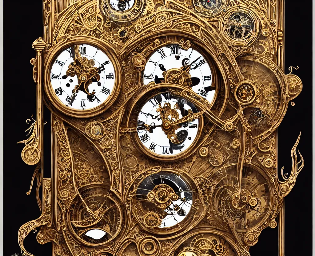 Image similar to ornate steampunk grandfather clock, high details, intricately detailed, by vincent di fate, inking, lineart, 3 color screen print, masterpiece, trending on artstation,, sharp, details, hyper - detailed, hd, 4 k, 8 k