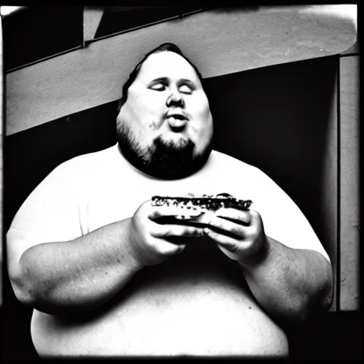 Image similar to a black and white film photograph of a fat man eating a sandwich. holga, lomo, lomography, retro, toy camera, film, tri - x, plus - x, vintage