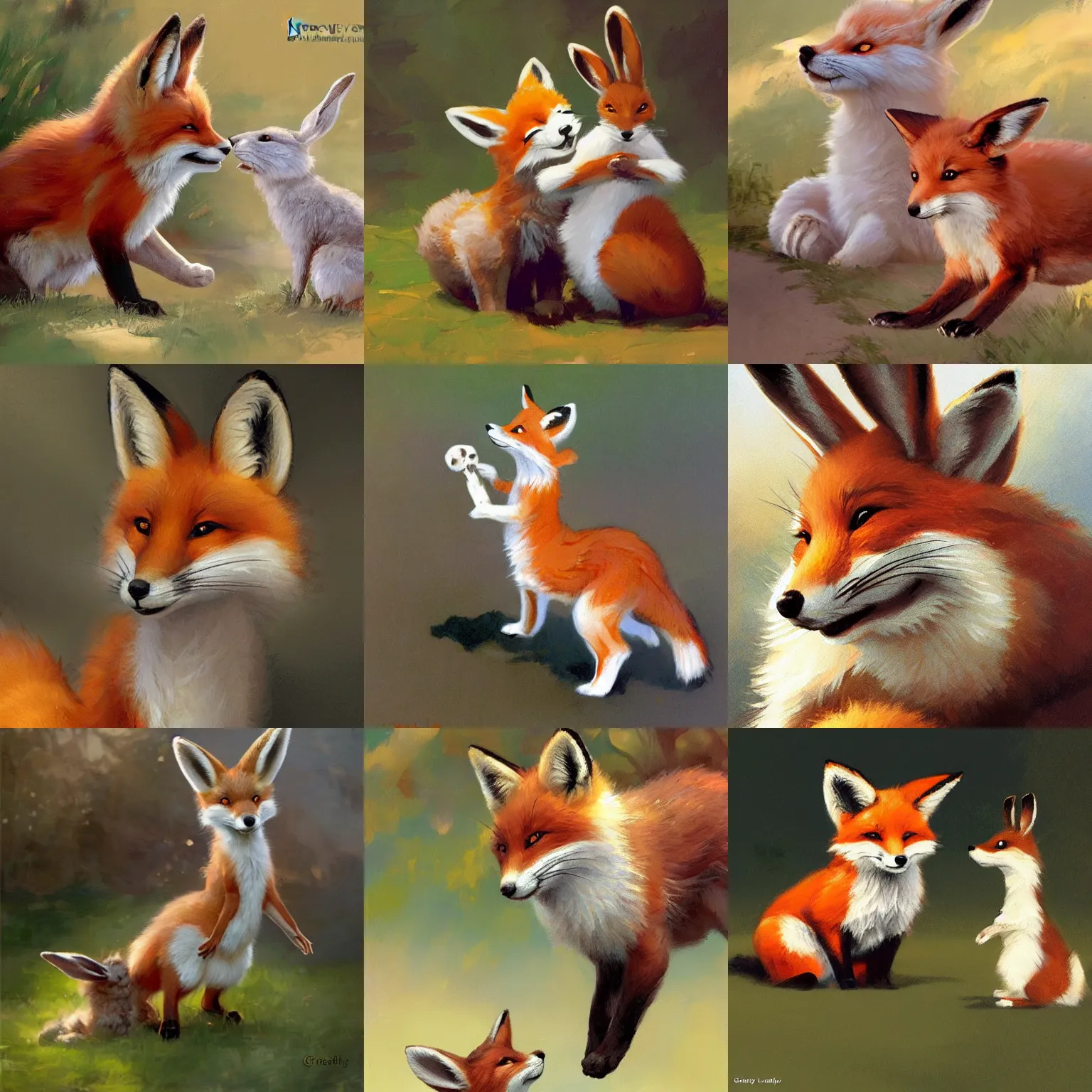 Prompt: a smiling fox with a rabbit, silly, by stanley lau, gregory manchess, and greg rutkowski ; whimsical