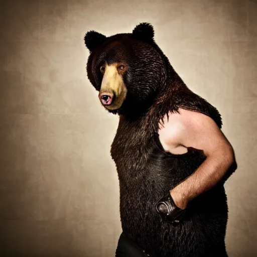 Prompt: a beautiful bear dressed as a gangster, 4K photograph, he’s dancing