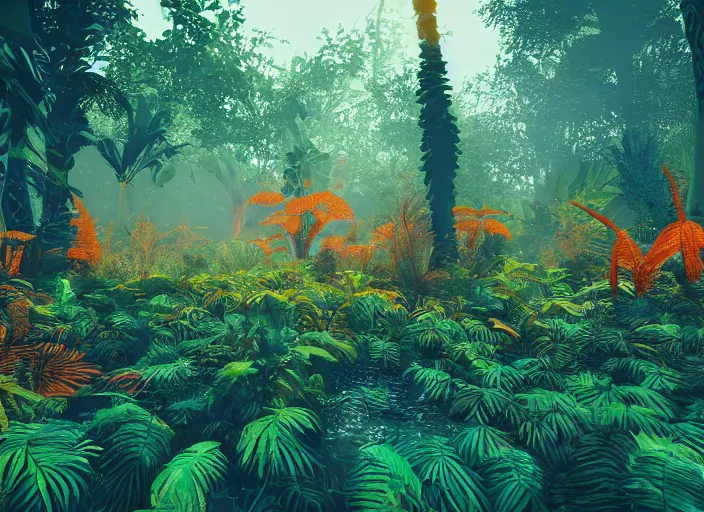 Image similar to a lush alien forest, teal sky, orange plants, birds in flight, humid alien jungle, orange and teal color scheme, atmospheric, exotic, colorful, unreal engine, trending on artstation