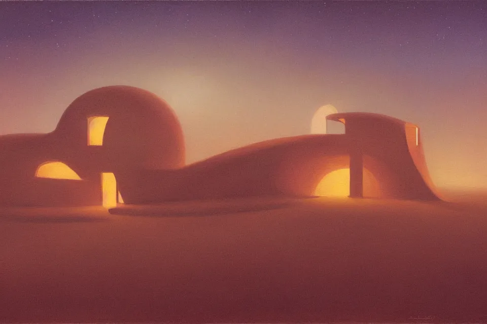 Image similar to sci fi atmospheric landscape painting of architecture design of a seashell shaped house in the middle of the desert at night, painted by john harris and moebius