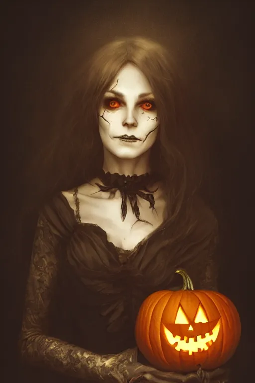 Image similar to portrait of a ghoulish victorian witch holding a jack - o - lantern, halloween night, charlie bowater, artgerm, ilya kuvshinov, krenz cushart, ruan jia, realism, ultra detailed, 8 k resolution