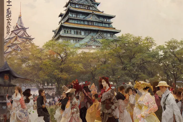 Prompt: a beautiful realistic painting of osaka castle festival, intricate, elegant, highly detailed, digital painting, artstation, concept art, by krenz cushart and artem demura and alphonse mucha