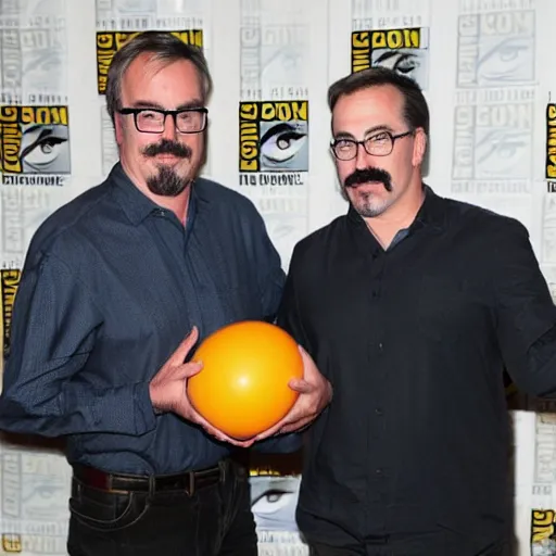 Prompt: vince gilligan holding giving two balls to thomas schnauz