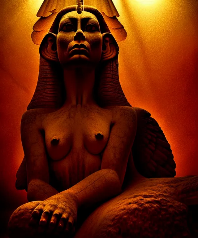 Image similar to epic professional digital art the sphinx, horrific yet beautiful vibe, evocative, atmospheric lighting, painted, intricate, highly detailed, by leesha hannigan, wayne haag, reyna rochin, ignacio fernandez rios, mark ryden, iris van herpen, artstation, cgsociety, stunning, gorgeous, sharp focus, cinematic, masterpiece