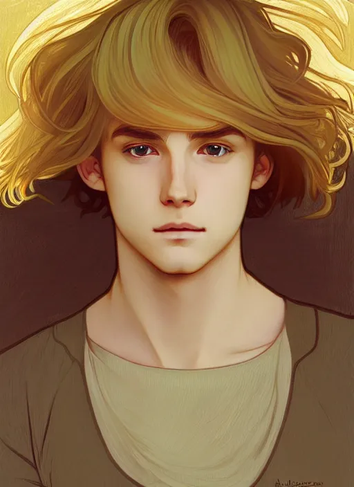 Image similar to pretty young man with shoulder length shiny shimmering golden blond hair, head down, demure, shy, path traced, highly detailed, high quality, digital painting, by studio ghibli and alphonse mucha, leesha hannigan, disney