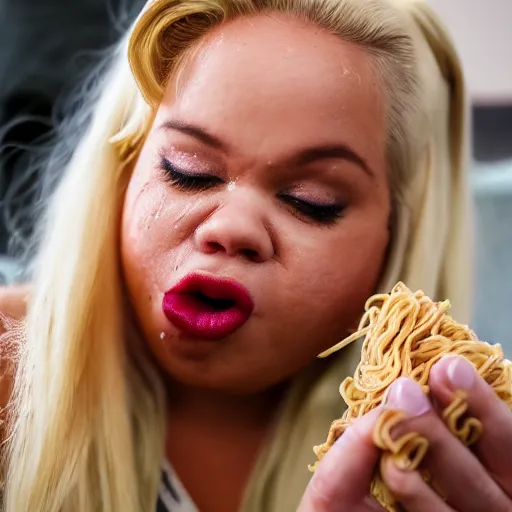 Image similar to a macro shot photo of trisha paytas crying while eating pasta, 8k, DSLR, highly detailed skin, highly detailed hands