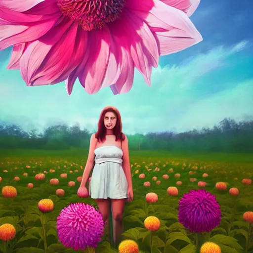 Image similar to giant dahlia flower head, full body girl standing in a flower field, surreal photography, sunrise, dramatic light, impressionist painting, colorful clouds, digital painting, artstation, simon stalenhag