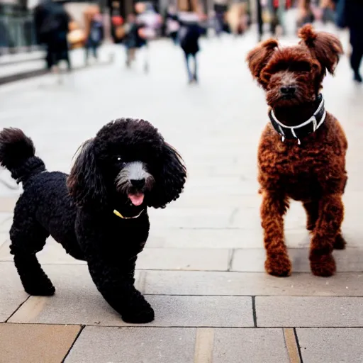 Prompt: black miniature poodle and brown & tan yorskshire terrier best friends walking through london 35mm 4k IMAX sharp focus