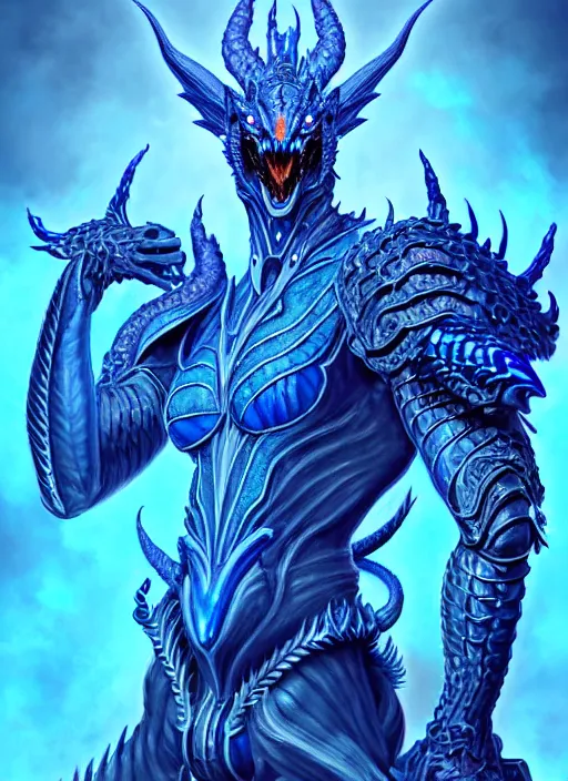 Image similar to muscular and tall blue ghostly fire humanoid dragon!!!! draconian!! intricate ornate iridescent heavy armor!! character concept art, sharp focus, octane render! unreal engine 5! highly rendered!! trending on artstation!! detailed linework!! illustration by artgerm, wlop, and chie yoshii