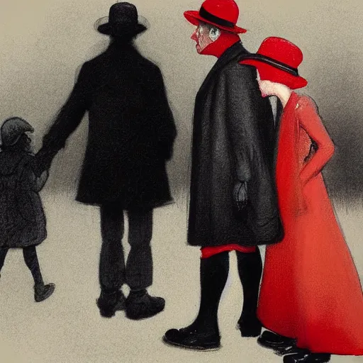 Image similar to a highly detailed epic cinematic concept art, a thin man in a black coat and bowler hat talks with small young girl who is dressed in a red coat and a red hat, Berlin park, autumn, 1923, in the style of in the style of Francis Bacon and Syd Mead and Norman Rockwell and Beksinski, painted by Francis Bacon and Edward Hopper, painted by James Gilleard, surrealism, airbrush, Ilya Kuvshinov, WLOP, Stanley Artgerm, very coherent, triadic color scheme, art by Takato Yamamoto and James Jean, high detail, width 768