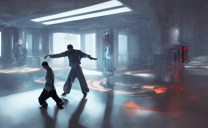 Prompt: robotic tai chi master in the middle of a cybernetic room, Center Punched Symmetrical volumetric lighting, digital painting, highly detailed, artstation, sharp focus, illustration, concept art, ruan jia, steve mccurry