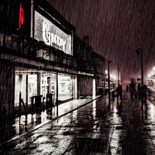 Image similar to gloomy and morbid city scene with a neon sign on the wall, cinematic, blurry, raindrops