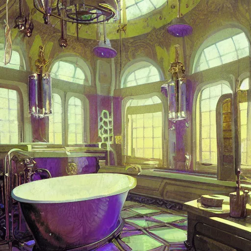 Image similar to painting of syd mead artlilery scifi bathroom with ornate metal work lands on a farm, filigree ornaments, volumetric lights, purple sun, andreas achenbach