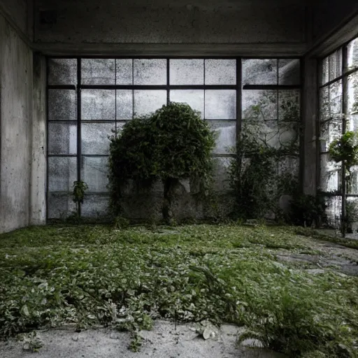Image similar to an abandoned room in a concrete building, overgrown plants, dreamy, overcast, by hans bellmer