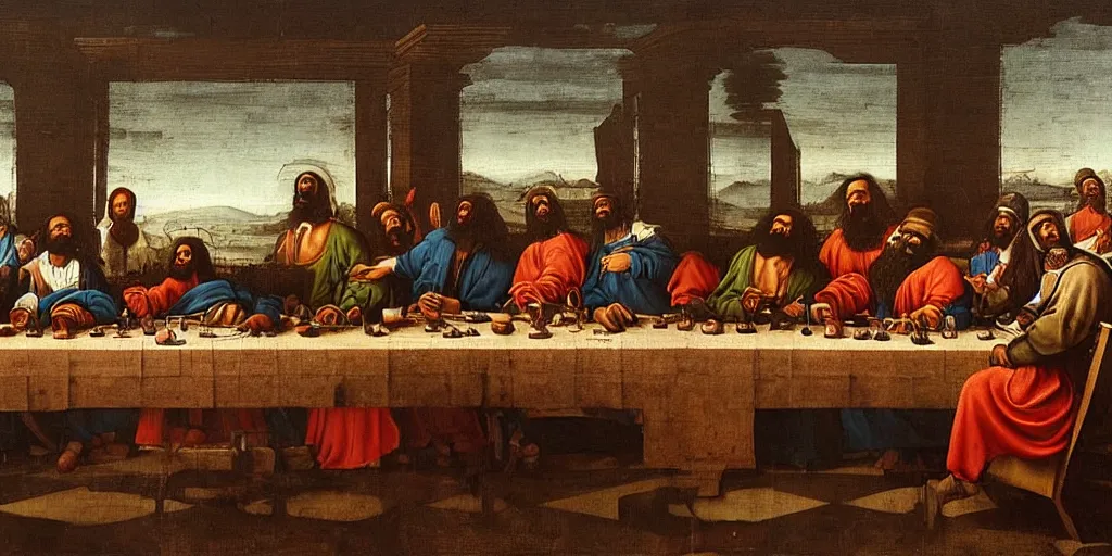 Image similar to a portrait of mac dre, e 4 0, keak da sneak, and the cut throat committee at the table like the last supper by leonardo da vinci. mac dre sits at the center. to his left, in the position of judas, is tech 9.