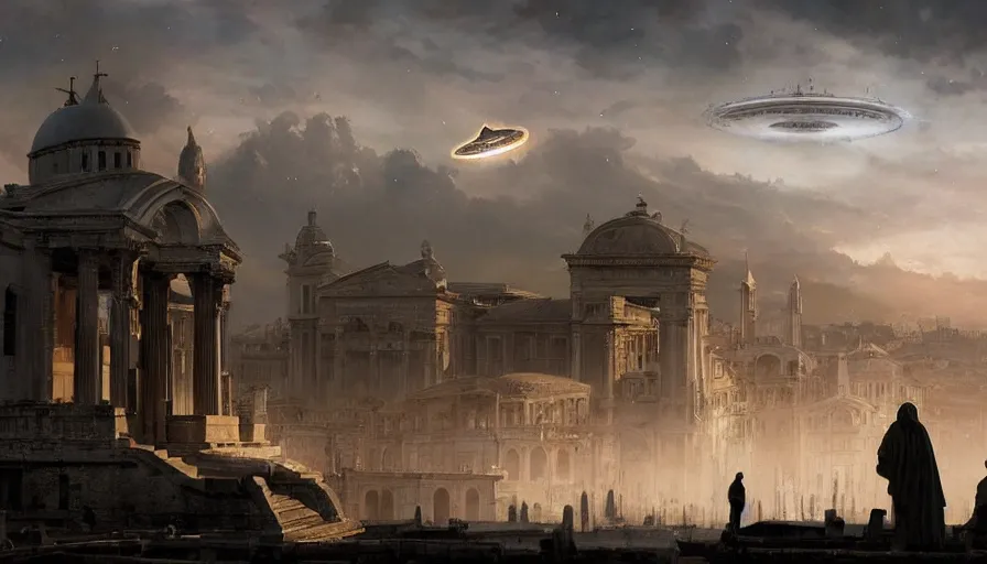 Prompt: silhouette of a greek king overlooking a giant alien ufo high tech spaceship eerily hovering on italy venice city landscape with beautiful temples by greg rutkowski, artgerm, ross tran, magali villeneuve, intricate, time travel theme, audince in awe, spectacle, audience sorrounding, award winning, octane render, masterpiece, 8 k, beautiful