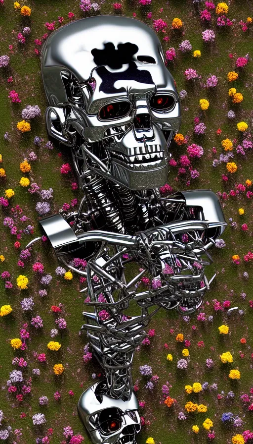 Image similar to destroyed terminator lying in a field of flowers, twisted metal, chrome, reflections, anthropomorphic, photorealism, smoke, metal, 8 k, surreal, wires, smooth, sharp focus, top view, extremely detailed, hyperrealism, elegant, establishing shot, by jeff koons, artgerm and greg rutkowski