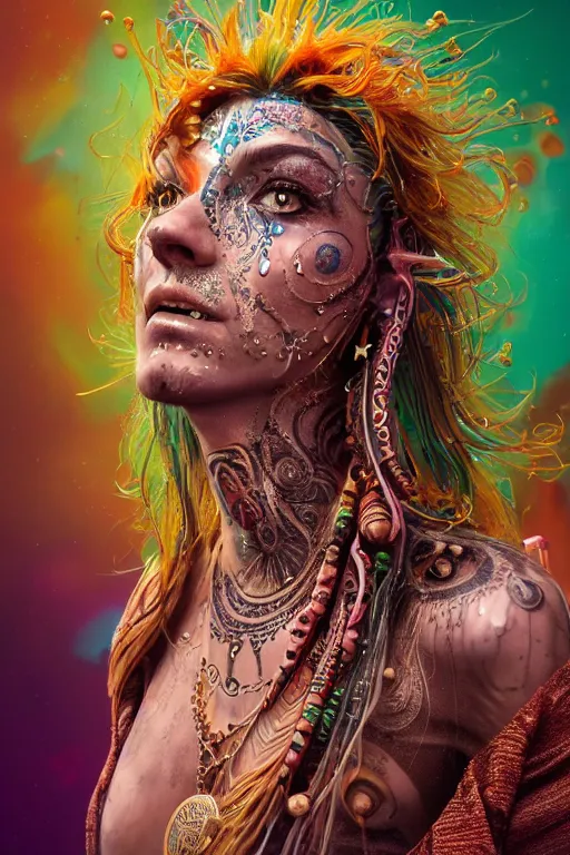 Image similar to a centered render of an mytical festival hippy with tribal tattoos wearing intricate metallic clothing surrounded by a underwater ink pour and flowing liquid gallium and sacred geometry, perfect body and face, gorgeous, cinematic, beautifully lit, by alberto seveso, by karol bak, by donato giancola, 3 d, trending on artstation, octane render, 8 k