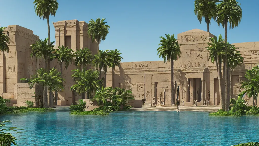 Image similar to a photograph of the front of a new egyptian palace, with a small pool in front, exterior view, close - up, mid - day, palm trees and lush vegetation, hieroglyphs on the buildings, ray - traced reflections of the buildings and trees in the water