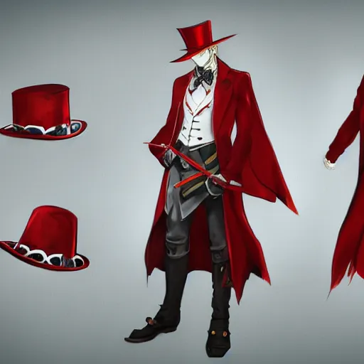 Image similar to FFXIV concept art of a gentleman with a red top hat and monocle and a floral suit