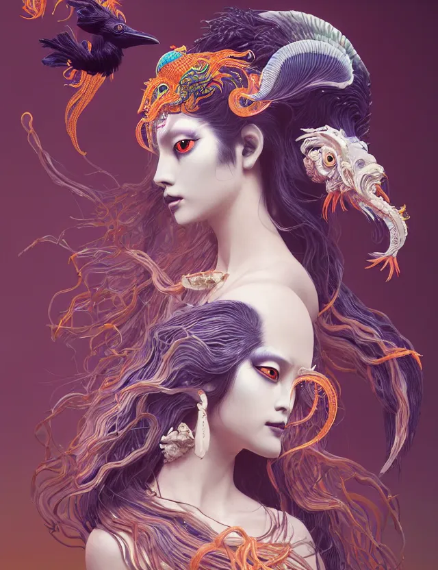 Image similar to 3 d slvic goddess half - turn portrait with long hair with ram skull. beautiful intricately detailed japanese crow kitsune mask and clasical japanese kimono. betta fish, jellyfish phoenix, bio luminescent, plasma, ice, water, wind, creature, artwork by tooth wu and wlop and beeple and greg rutkowski