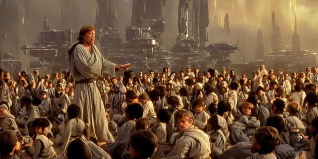 Image similar to A full color still of Mark Hamill as Jedi Master Luke Skywalker training a diverse room of young Jedi padawans, with large windows showing a sci-fi city outside, at dusk at golden hour, from The Phantom Menace, directed by Steven Spielberg, 1997