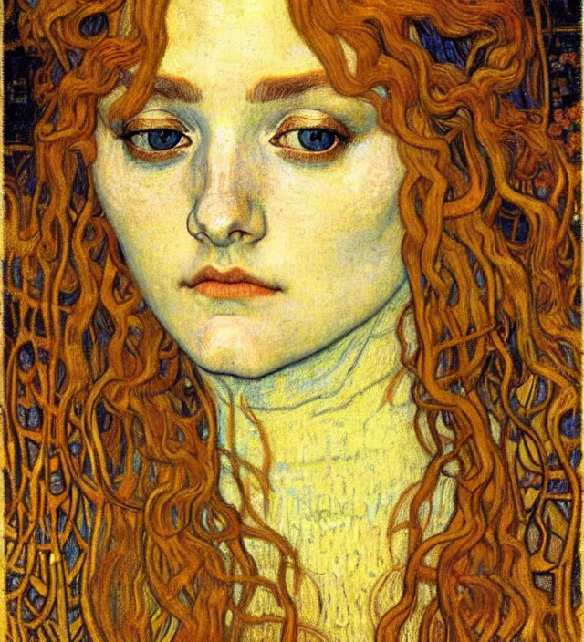 Image similar to detailed realistic beautiful young medieval queen face portrait by jean delville, gustav klimt and vincent van gogh, art nouveau, symbolist, visionary, gothic, pre - raphaelite, muted earthy colors, desaturated