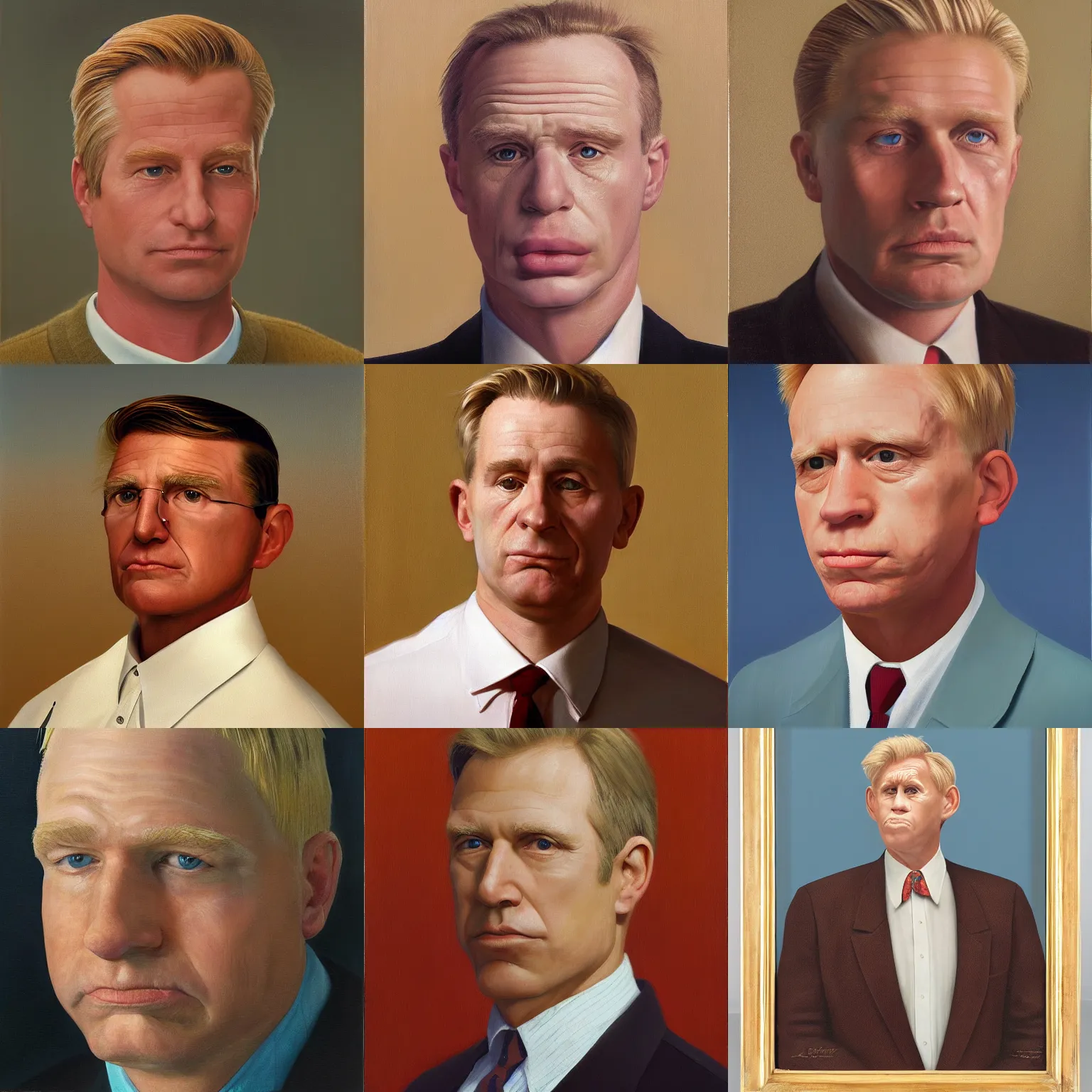 Prompt: official portrait of the united states president, 1994. He is a 43 year old white man from Vermont with blond hair and a scar on his cheek, oil on canvas by Bo Bartlett