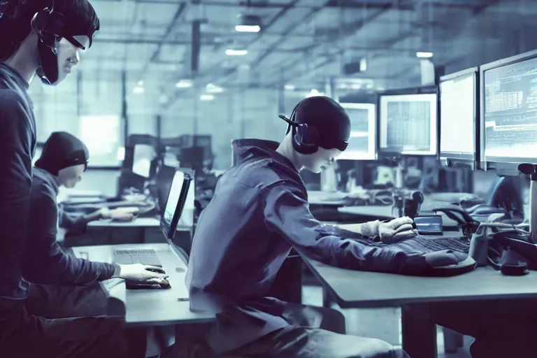 Prompt: detailed realistic photo of a group of hackers working, dimly lit room, computer screens, dramatic dim lighting, coherent composition