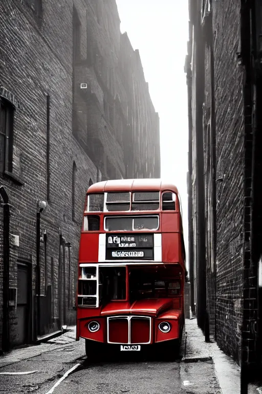 Image similar to a widescreen photo of a old london double - decker bus in a dark alley, low light, by steve mccurry