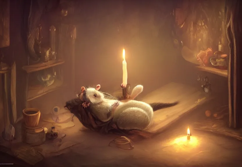 Image similar to cute possum sleeping on a bed in a medieval cluttered cottage at night under the dim light of a candle, dark fantasy, dreaming illusion, trending on artstation