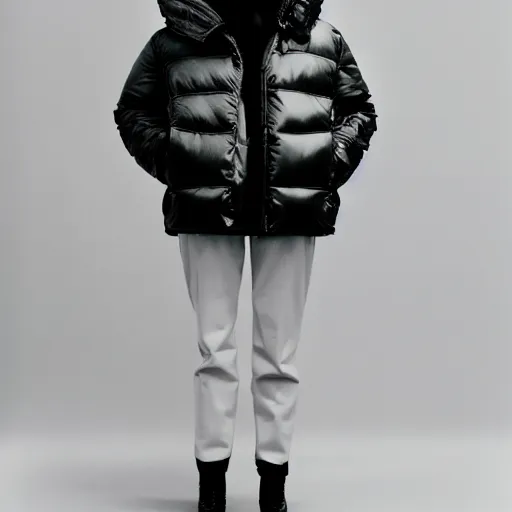 Image similar to realistic photoshooting for a new balenciaga lookbook, color film photography, portrait of a beautiful woman, woman is wearing a puffer jacket, in style of Tyler Mitchell, 35mm,