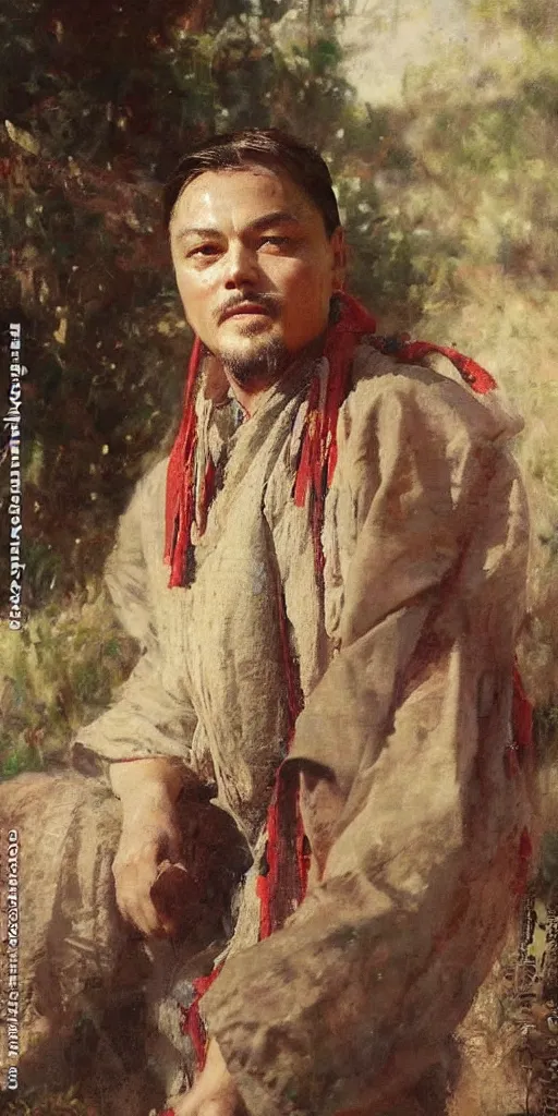 Image similar to di caprio by Solomon Joseph Solomon and Richard Schmid and Jeremy Lipking victorian genre painting full length portrait painting of 张国荣 in traditional costume