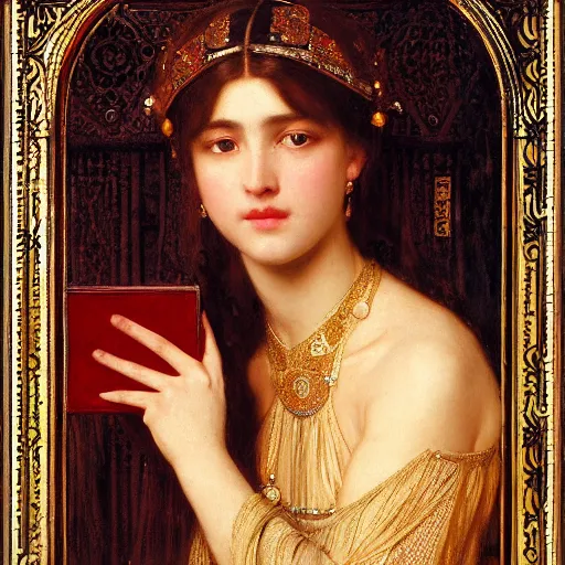 Image similar to orientalist portrait of a princess holding an iridescent eldritch tome intricate portrait by john william waterhouse Edwin Longsden Long and Theodore Ralli and Henryk Siemiradzki, very coherent symmetrical artwork. Cinematic, hyper realism, high detail 8k