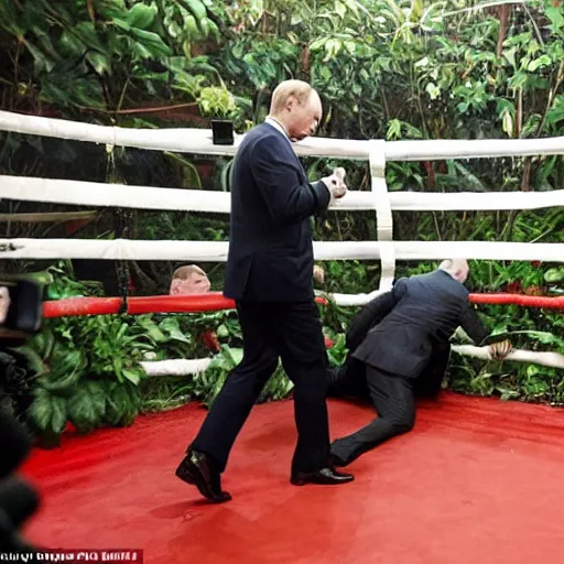 Image similar to Putin knocks out Joe Biden with heavy red boxing gloves in a green jungle. reporters take flash photographs of the blood soaked canvas