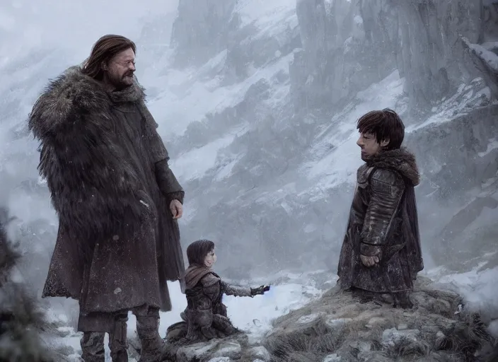 Prompt: ned stark talking with child bran stark on a hill, close up, clean perspective, game of thrones, mandy jurgens and ruan jia and marc simonetti