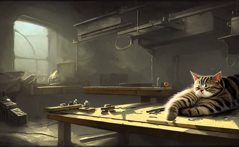 Image similar to a cat sleeping on a mechanics workbench, space opera and dystopian style, d & d, fantasy concept art, global illumination, interesting composition, volumetric lighting, art by enki bilial, highly detailed