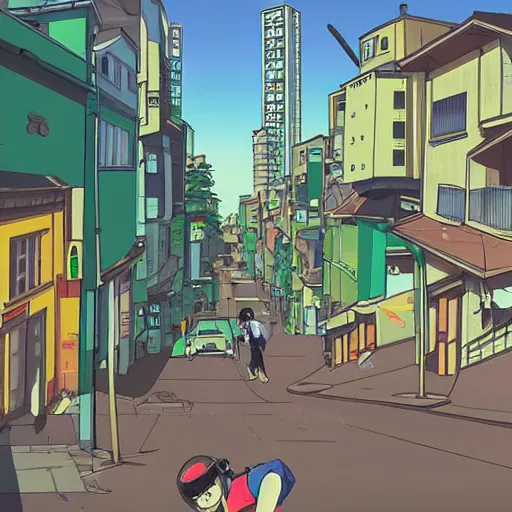 Prompt: city street, sloped street, city on tall hillside, street scene, rollerbladers grinding on rails, skaters, rollerskaters, cel - shading, 2 0 0 1 anime, flcl, jet set radio future, golden hour, japanese town, concentrated buildings, japanese neighborhood, electrical wires, cel - shaded, strong shadows, vivid hues, y 2 k aesthetic