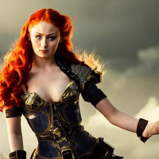 Image similar to an action shot of Sophie turner as Miss Fortune in League of Legends the movie, centered, 4K, cinema, imax, hyperreal